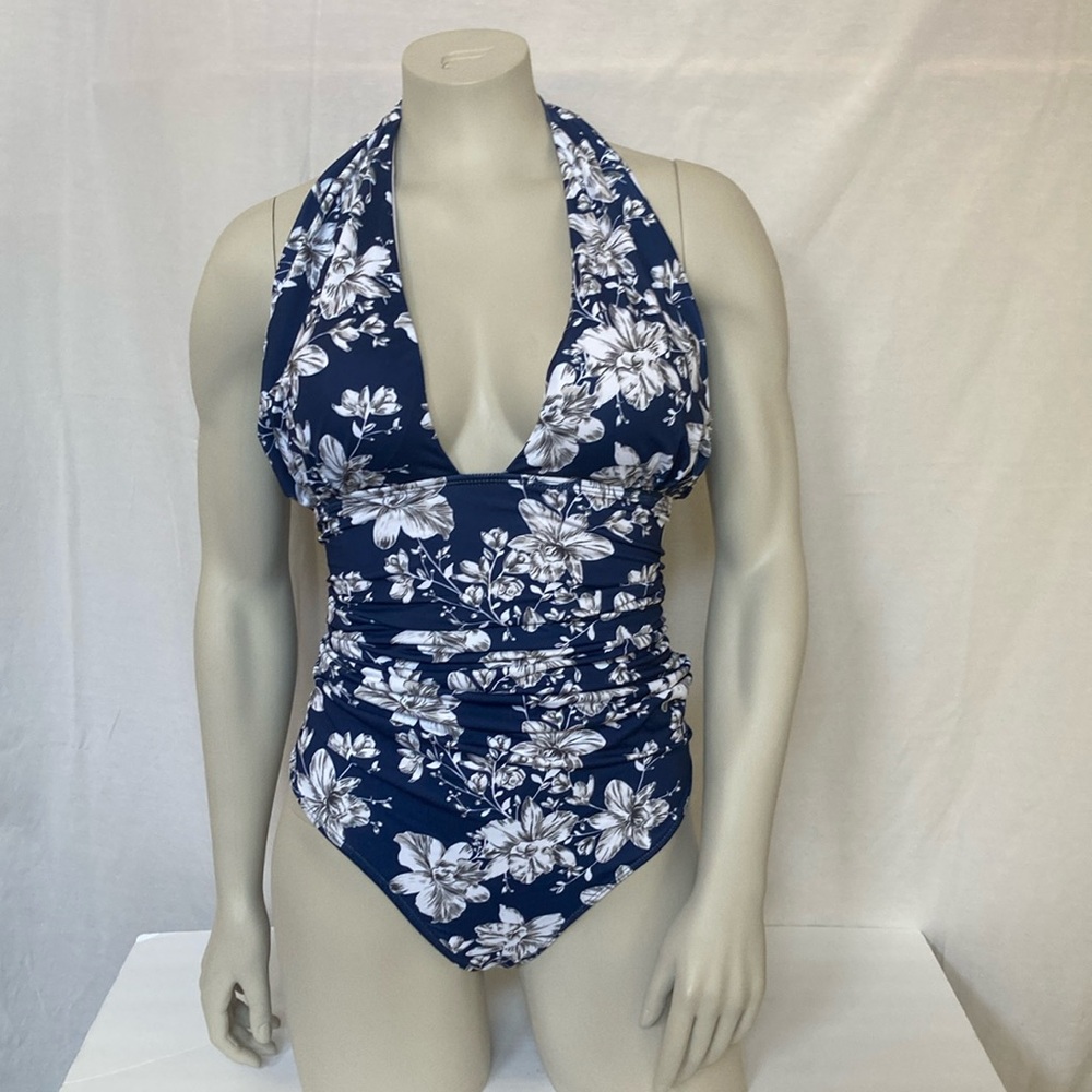 Marina Vida Women’s One Piece Swimsuit Plus Size 2XL Halter Style Blue Floral